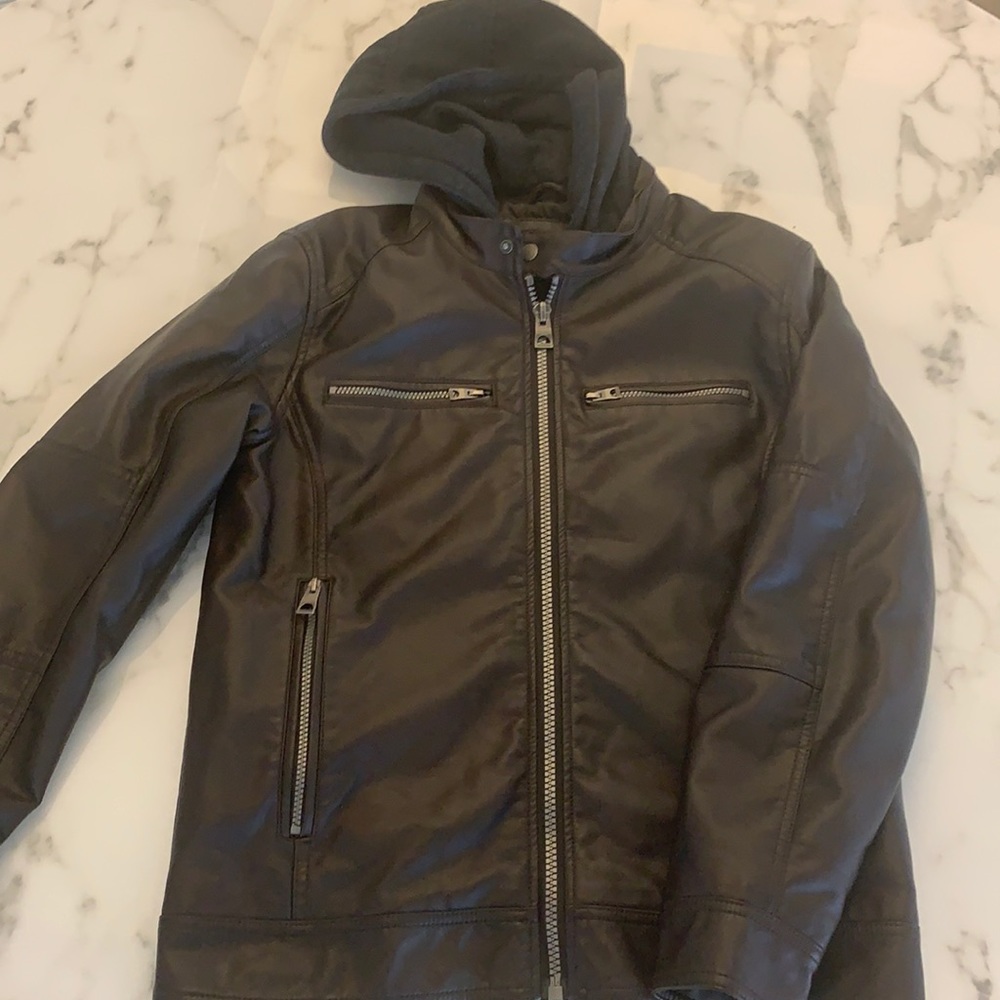 GUESS Faux-Leather Detachable-Hood Moto Jacket